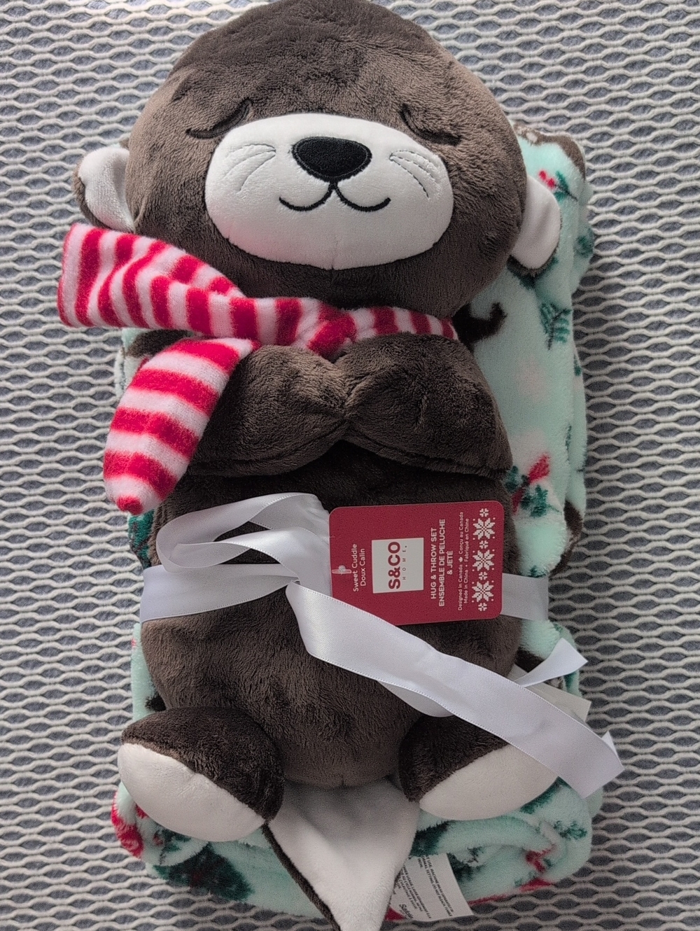 Brown Plush Otter Kids Blanket Buddy - Brown with Pink Scarf